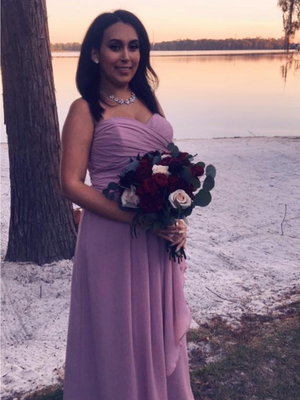 David's Bridal Strapless Ruched Maxi Dress in Mauve